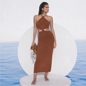 cult gaia cameron amber tan halter neck knotted front cut out maxi dress small